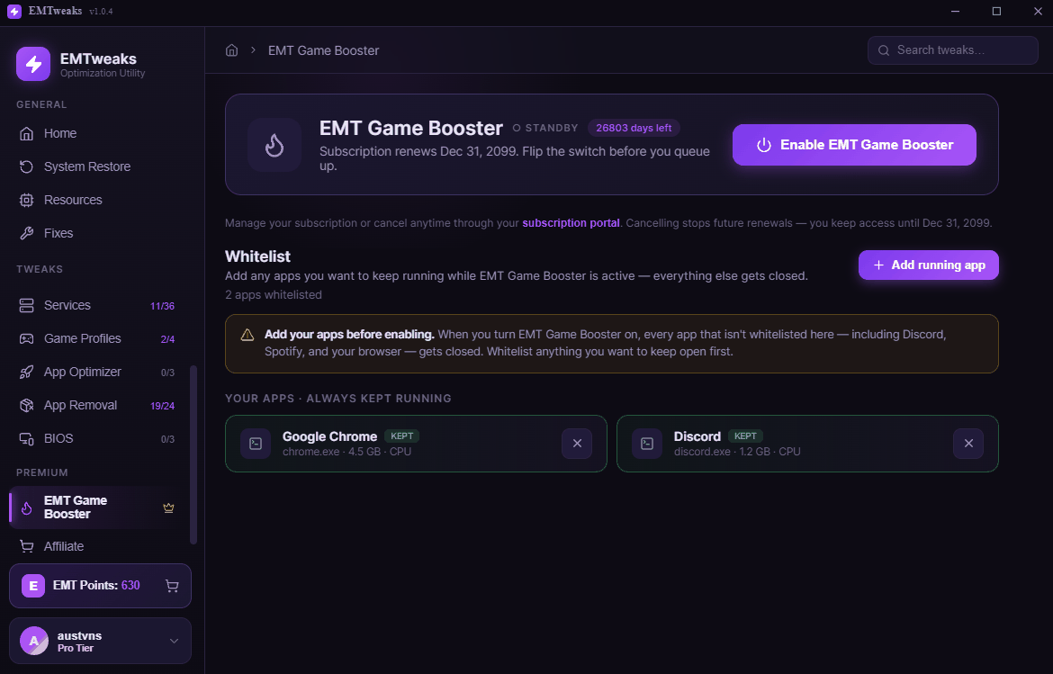 EMTweaks EMT Game Booster with Discord and Chrome kept running while other apps are suspended
